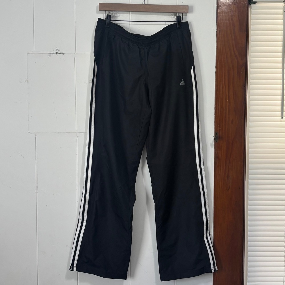 Adidas Womens Black White 3 Stripe Wide Leg Mesh Lined Track Pants Size Medium